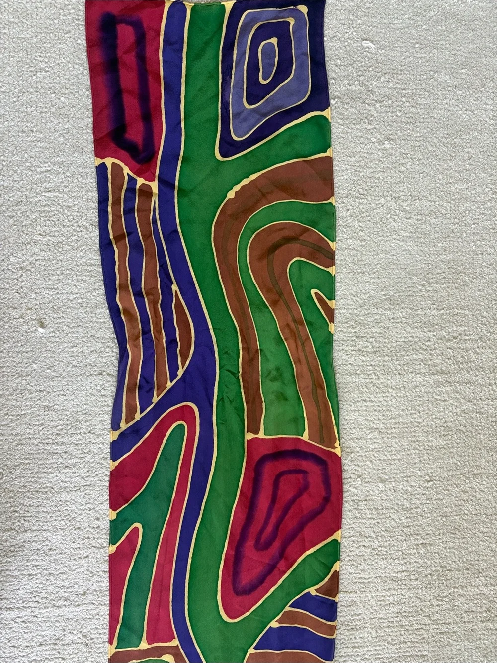 Vintage Abstract Multicolor Geometric Silk Scarf Hand Rolled Hem